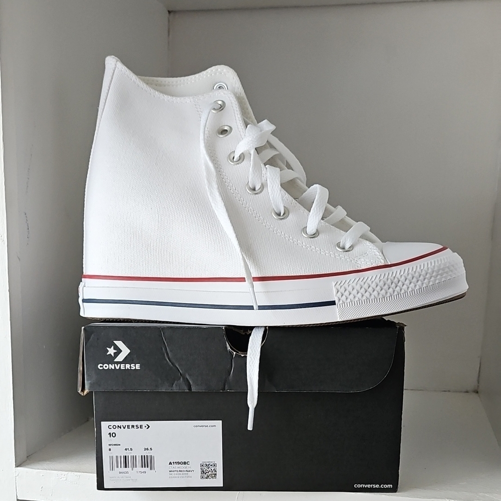 Converse White Canvas High-Tops with Red and Blue Accents